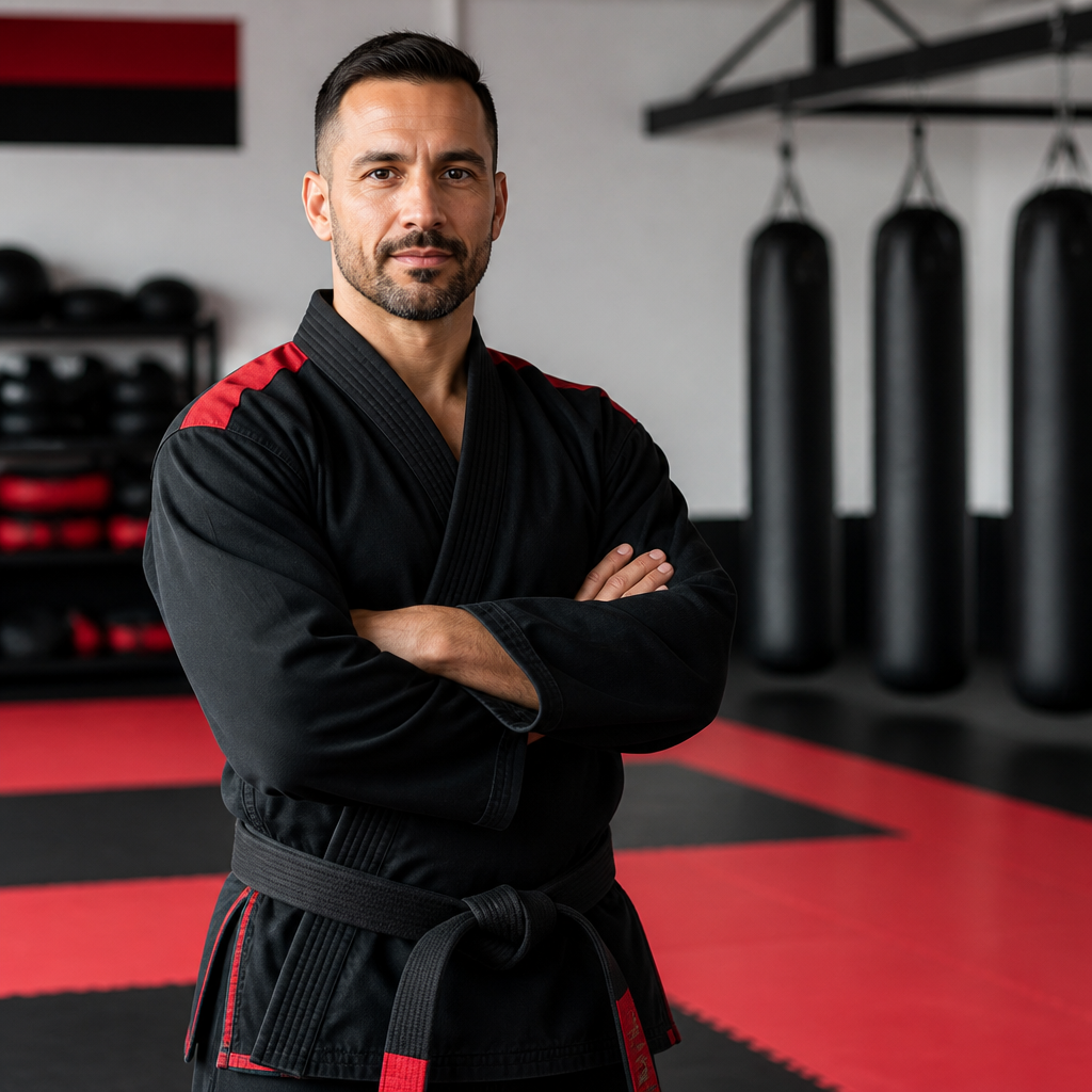 Martial arts school owner mentoring a senior instructor